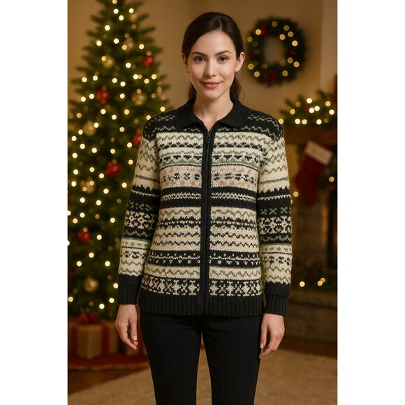 VTG Carolyn Taylor Chenille Fair Isle Sweater Sz S 90s Y2K Zip Front Korea - Picture 1 of 10